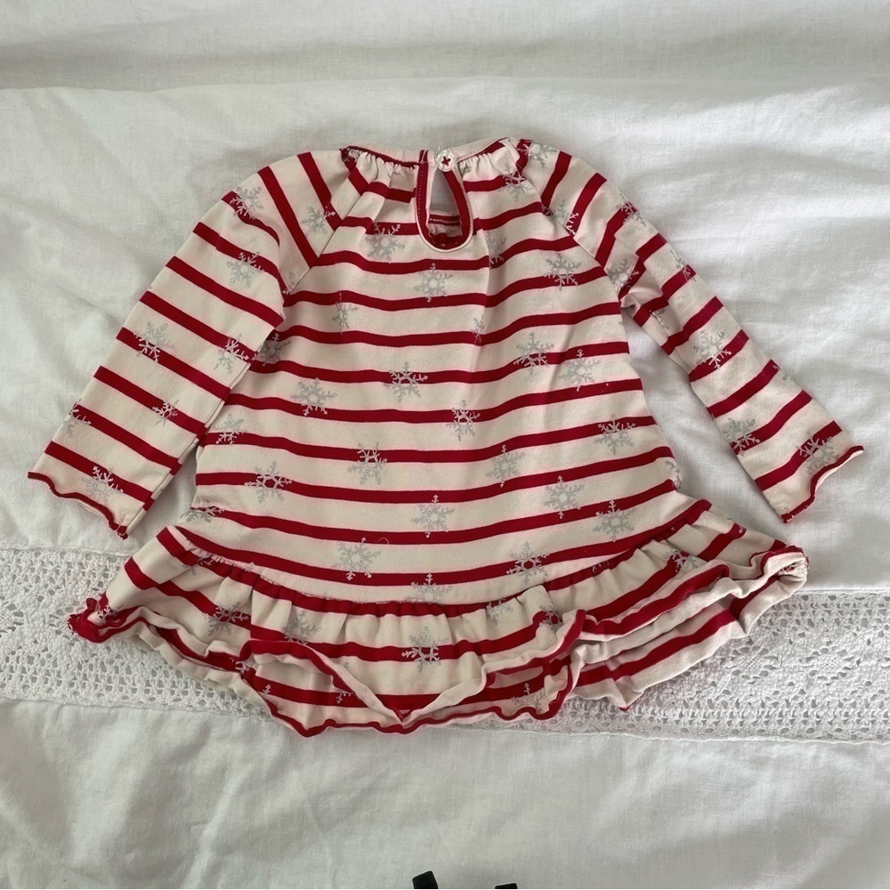 Hatley Girls 3-6mo Long Sleeve Knit Dress stripes snowflake red white ruffles - Picture 4 of 4